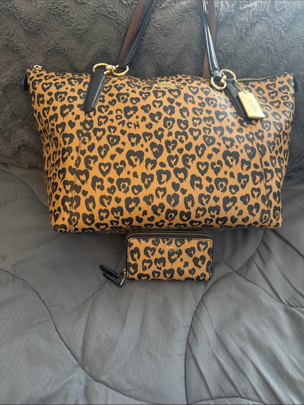 Coach Leopard Print Tote Bag and Card Wallet - Brown